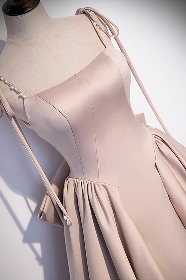 Wholesale Pink Satin Long A-Line Prom Dress Cute Spaghetti Strap Evening Dress with Bow
